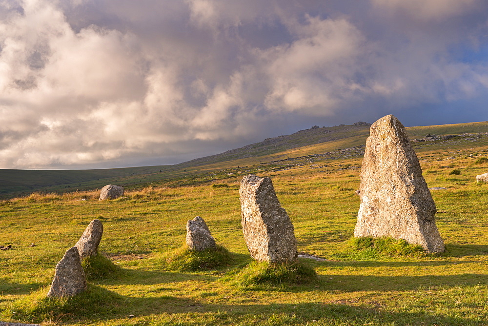 Megalithic standing stones, part of Merrivale stone row, Dartmoor, Devon, England, United Kingdom, Europe