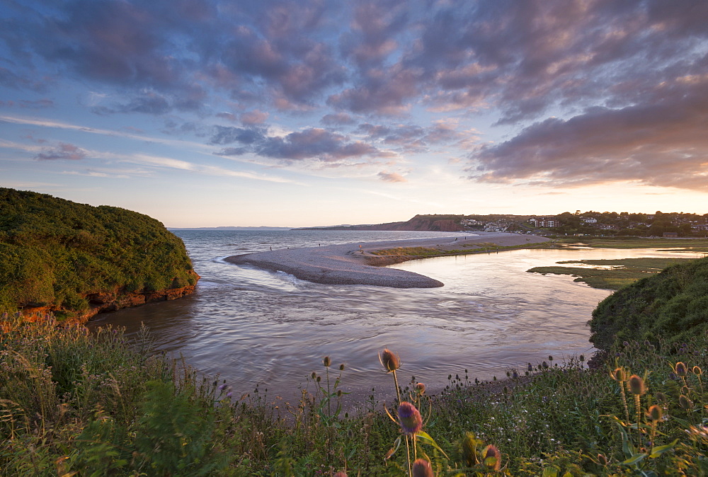 Mouth of the River Otter and pebble spit, Budleigh Salterton, Devon, England, United Kingdom, Europe