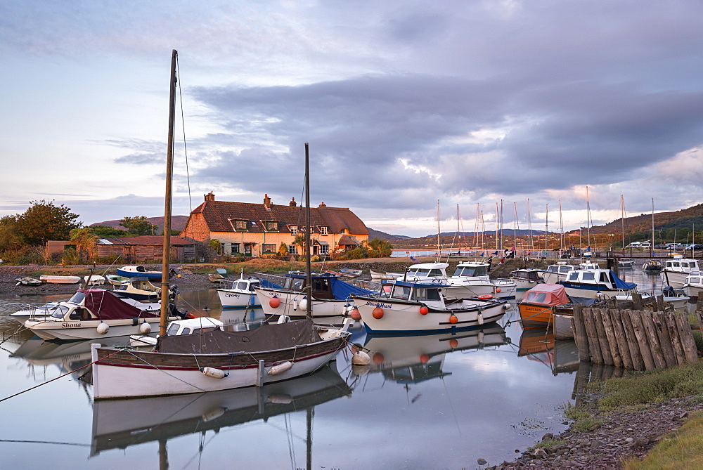 Boats moored in Porlock Weir Harbour in summer, Exmoor, Somerset, England, United Kingdom, Europe