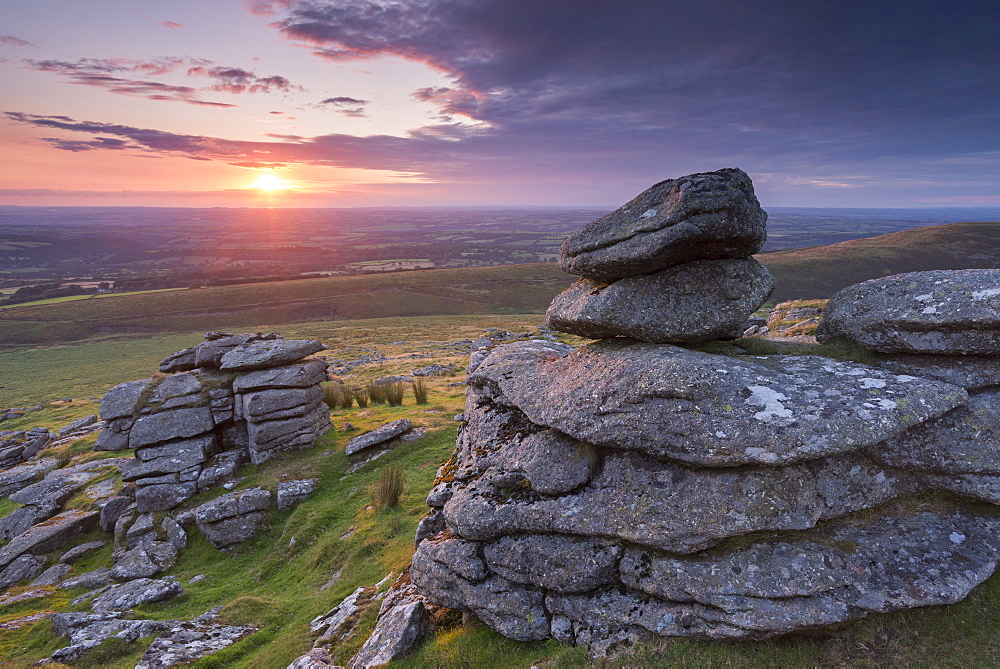 Beautiful sunset over Arms Tor in summer, Dartmoor, Devon, England, United Kingdom, Europe