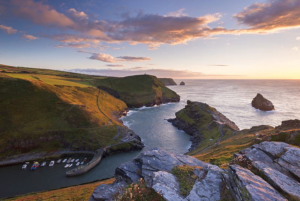 Boscastle Harbour at sunset, Cornwall, England, United Kingdom, Europe