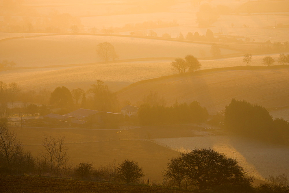 Farm bathed in golden morning sunlight on a frosty and misty winter morning, Raddon Hill, Devon, England, United Kingdom, Europe