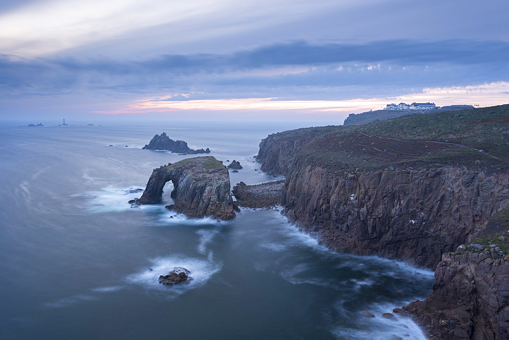 Sunset over the dramatic cliffs of Land's End, Cornwall, England, United Kingdom, Europe