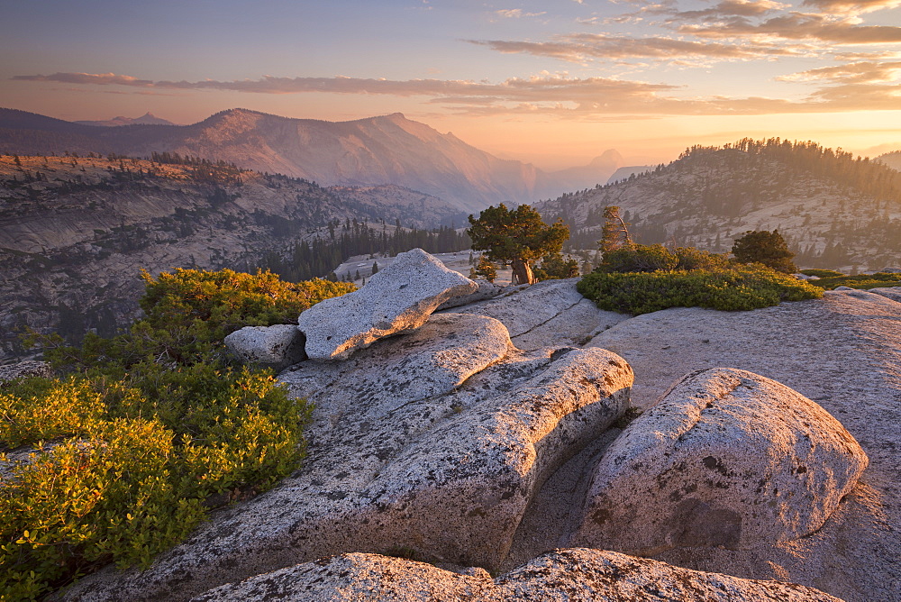 View towards Half Dome at sunset, from Olmsted Point, Yosemite National Park, UNESCO World Heritage Site, California, United States of America, North America