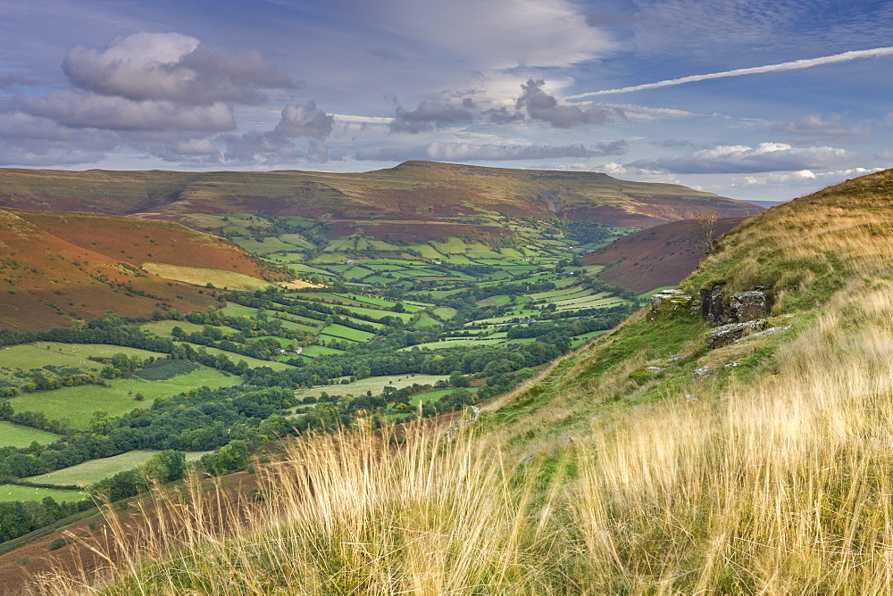 Lush green valleys of the Brecon Beacons near Waun Fach, Powys, Wales, United Kingdom, Europe