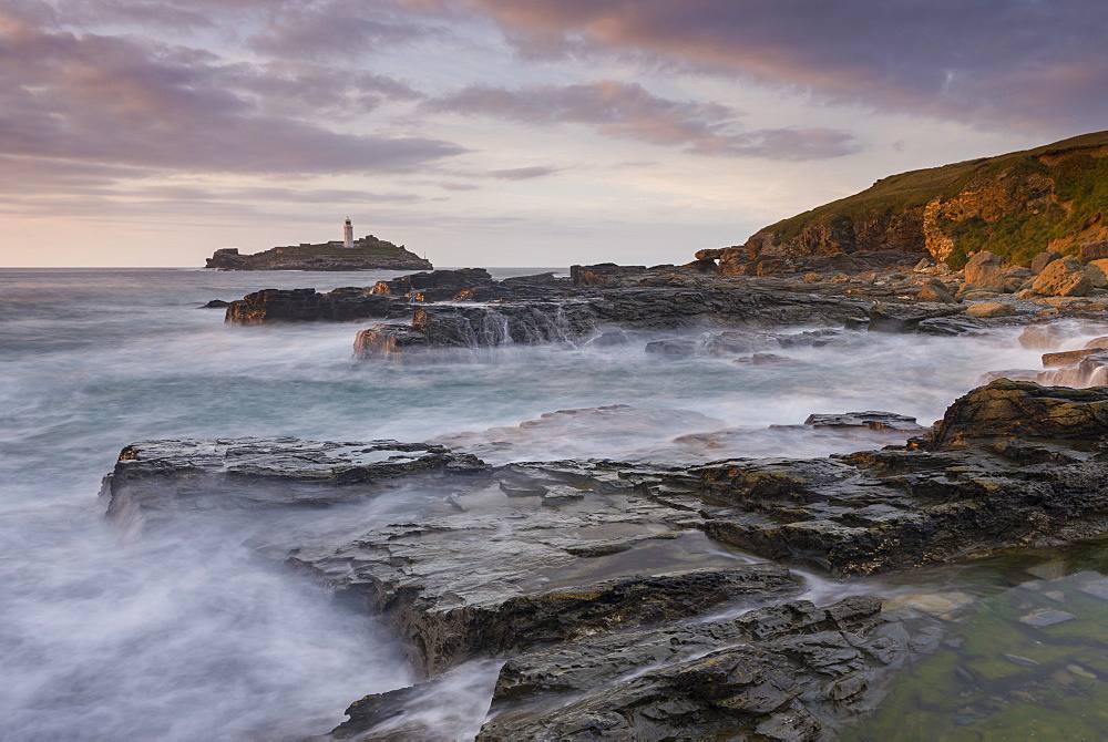 Rocky coast near Godrevy Lighthouse, St. Ives Bay, Cornwall, England, United Kingdom, Europe