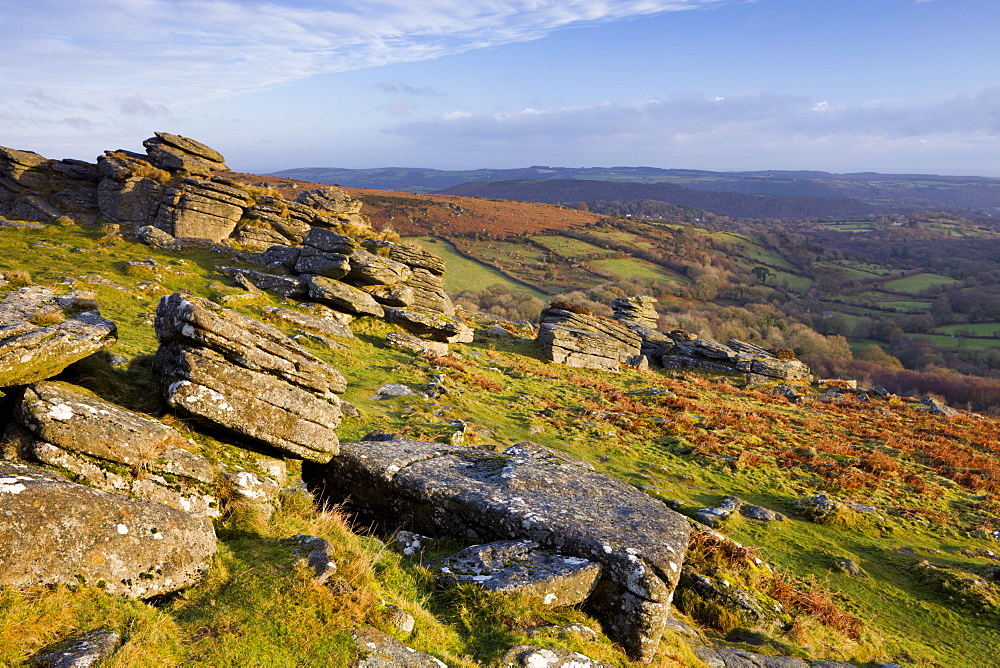 Sunlit granite outcrop at Hound Tor, Dartmoor National Park, Devon, England, United Kingdom, Europe