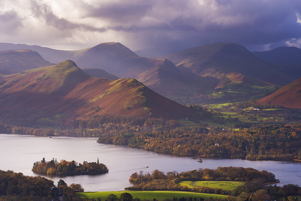 Moody skies above Derwent Water and the Newlands Valley in autumn, Lake District National Park, Cumbria, England, United Kingdom, Europe