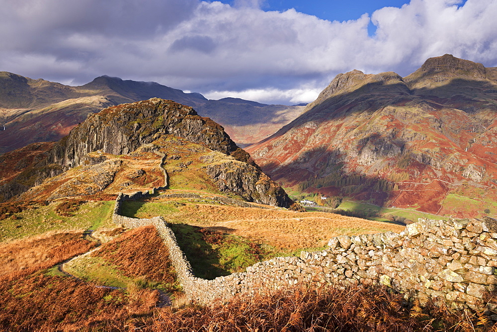 Drystone wall on Lingmoor Fell looking towards Side Pike and the Langdale Valley in autumn, Lake District National Park, Cumbria, England, United Kingdom, Europe