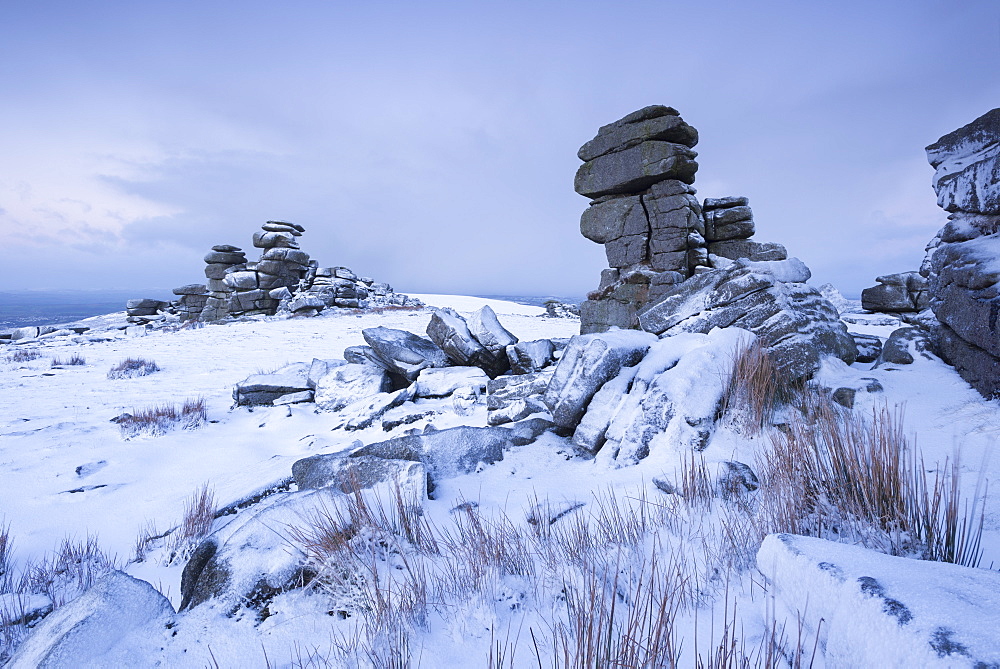 Snow covered moorland at Great Staple Tor in winter, Dartmoor National Park, Devon, England, United Kingdom, Europe