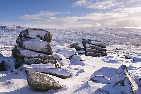 Snow covered moorland at Roos Tor, Dartmoor National Park, Devon, England, United Kingdom, Europe