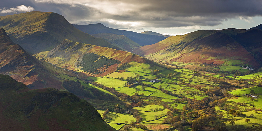 Rich autumn sunlight illuminates Newlands Valley in the Lake District, Cumbria, England, United Kingdom, Europe