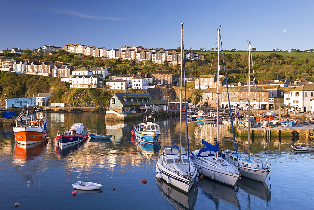 Fishing boats and yachts moored in Mevagissey harbour, Cornwall, England, United Kingdom, Europe