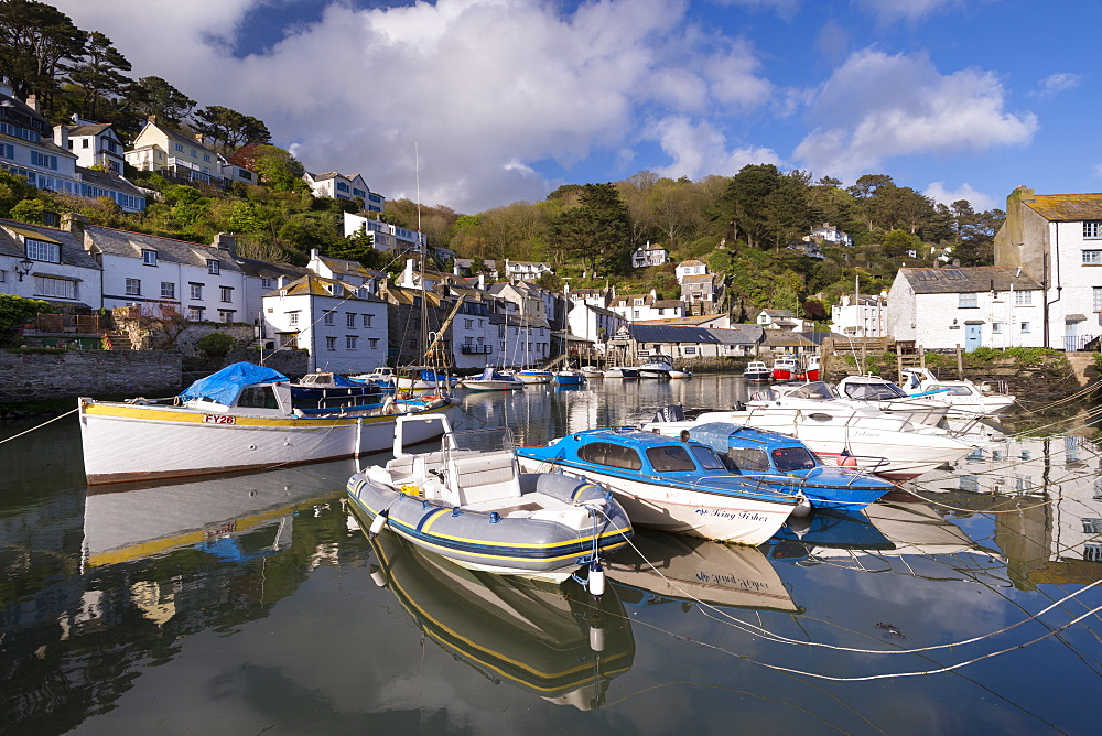 Fishing boats moored in Polperro harbour, Cornwall, England, United Kingdom, Europe