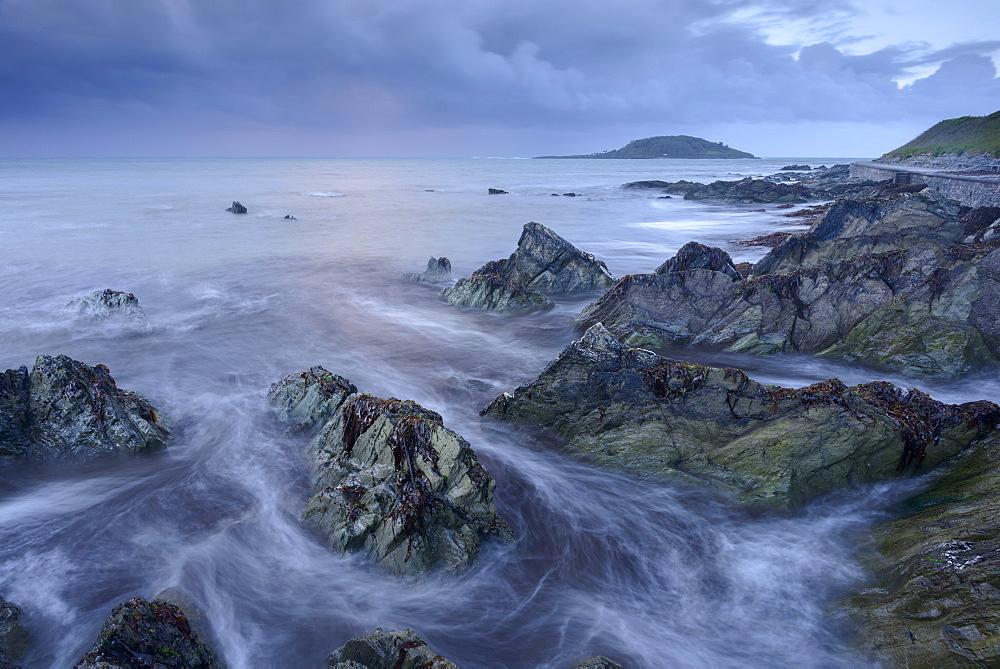 Waves swirl around Hannafore Beach at high tide, Looe, Cornwall, England, United Kingdom, Europe