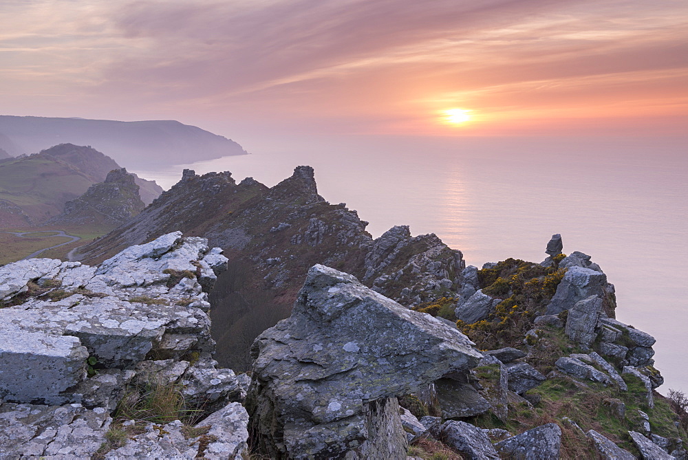 Sunset over the Valley of Rocks in Exmoor National Park, Devon, England, United Kingdom, Europe