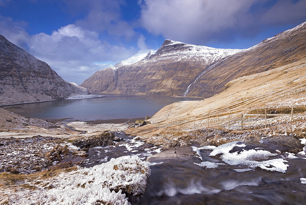 Snow and ice covered landscape at Saksun on the island of Streymoy, Faroe Islands, Denmark, Europe