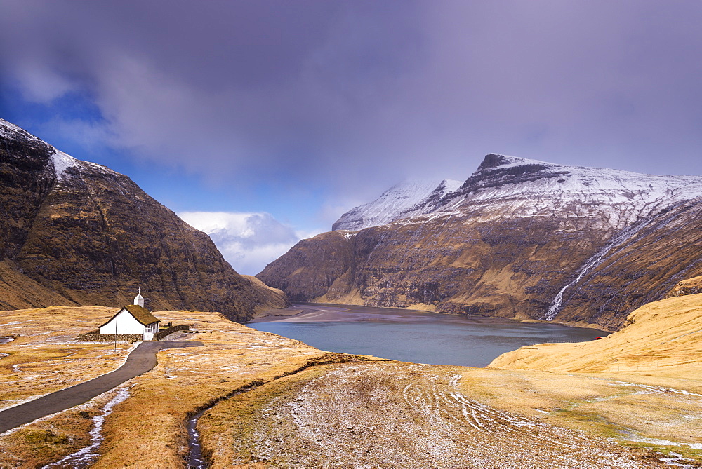 Idyllic grass roofed church in picturesque Saksun, Streymoy, Faroe Islands, Denmark, Europe