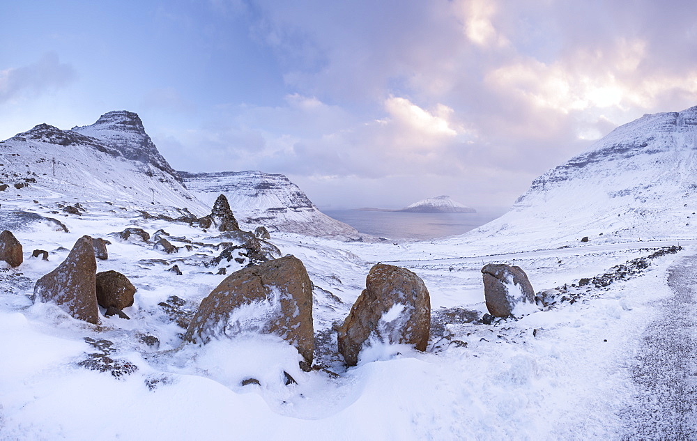 Snow covered mountains in winter on the island of Streymoy in the Faroe Islands, Denmark, Europe