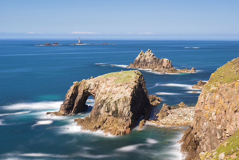 Enys Dodnan, the Armed Knight and Longships Lighthouse, off the coast of Land's End, Cornwall, England, United Kingdom, Europe