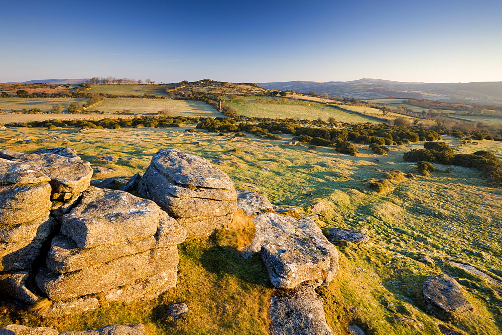 Looking northeast from a granite outcrop at Mel Tor, Dartmoor National Park, Devon, England, United Kingdom, Europe