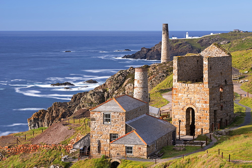 Levant tin mine and Pendeen Lighthouse, Trewellard, Cornwall, England, United Kingdom, Europe