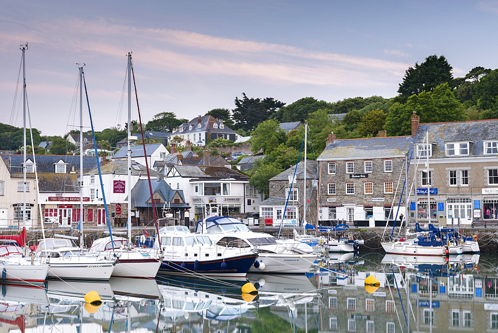 Yachts moored in Padstow harbour at dawn on the North Cornish coast, Cornwall, England, United Kingdom, Europe