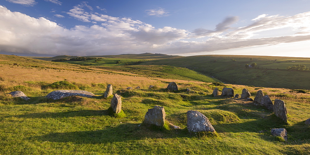 The Nine Maidens megalthic stone circle on Belstone Common in summer, Dartmoor National Park, Devon, England, United Kingdom, Europe