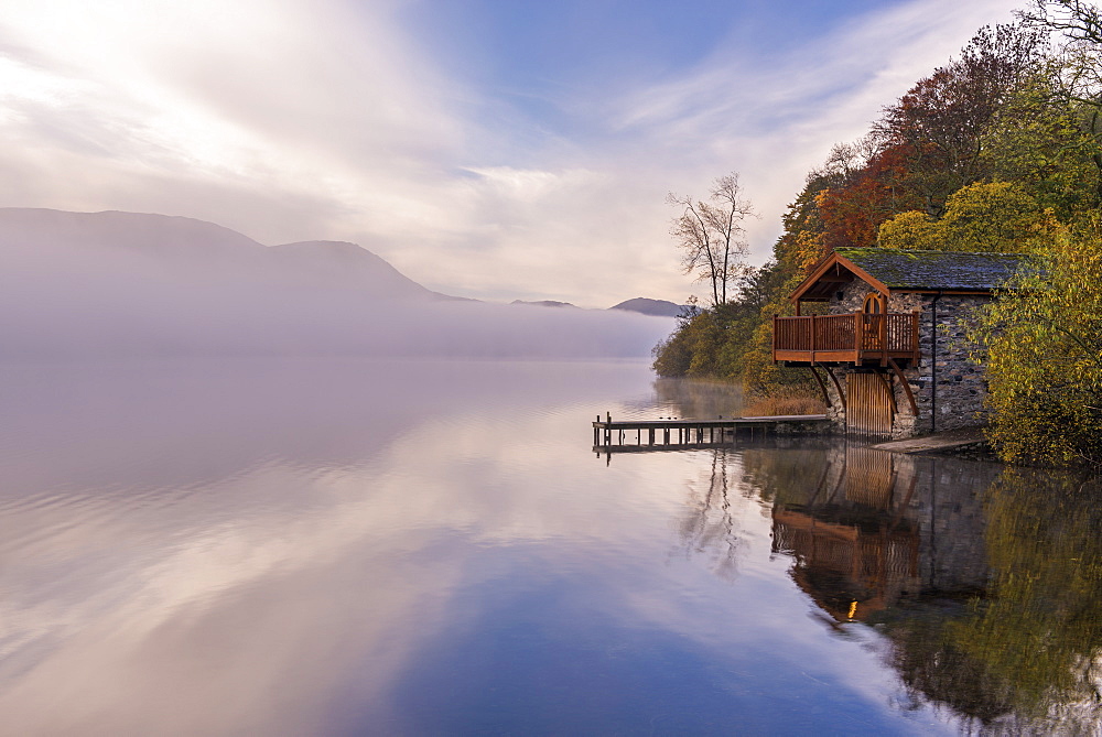 Duke of Portland Boathouse on misty Ullswater in autumn, Lake District, Cumbria, England, United Kingdom, Europe