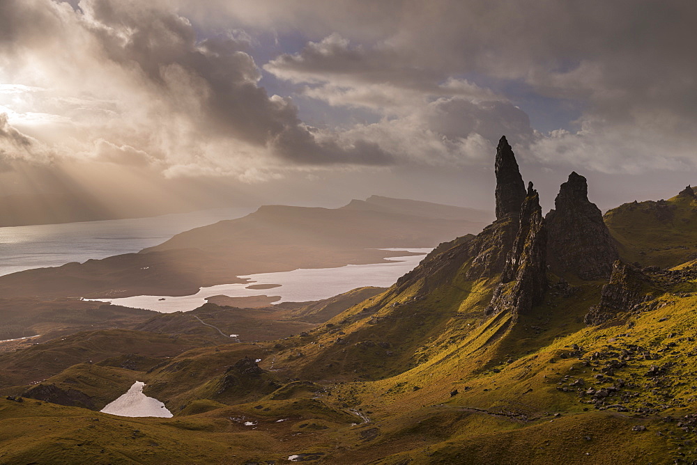 Dramatic morning light at the Old Man of Storr on the Isle of Skye, Inner Hebrides, Scotland, United Kingdom, Europe