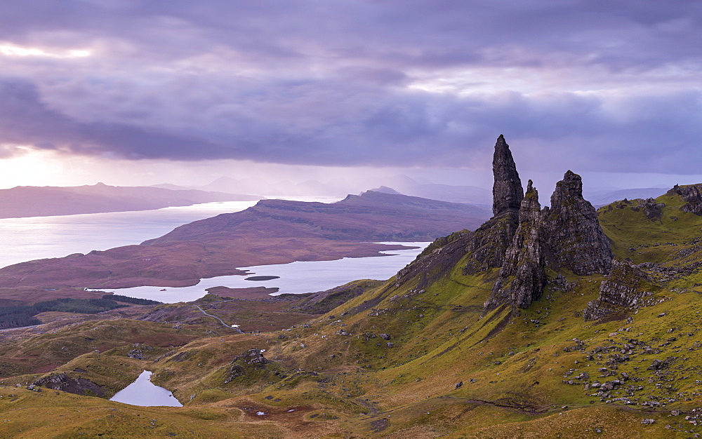 Atmospheric sunrise above the Old Man of Storr on the Isle of Skye, Inner Hebrides, Scotland, United Kingdom, Europe