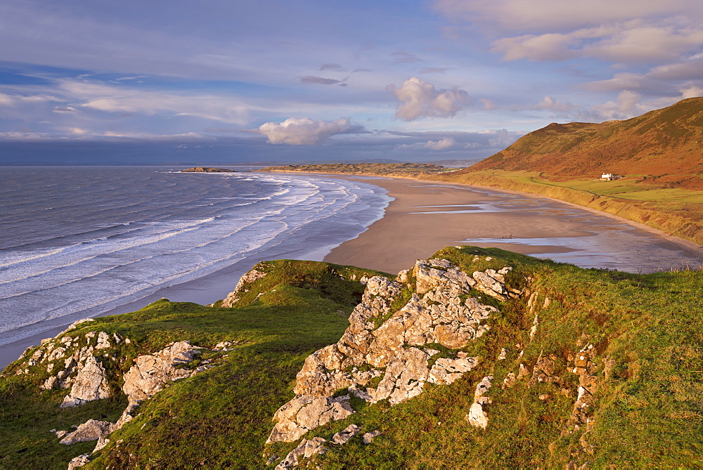 Sweeping expanse of Rhossili Bay on the Gower Peninsula, Wales, United Kingdom, Europe