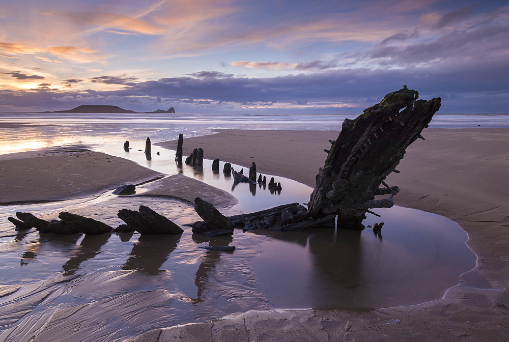 The shipwreck of the Helvetia, on Rhossili Bay, Gower Peninsula, Wales, United Kingdom, Europe