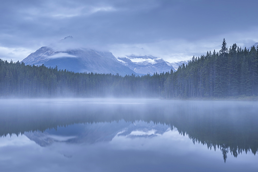 Misty morning at Herbert Lake in the Canadian Rockies, Banff National Park, UNESCO World Heritage Site, Alberta, Canada, North America