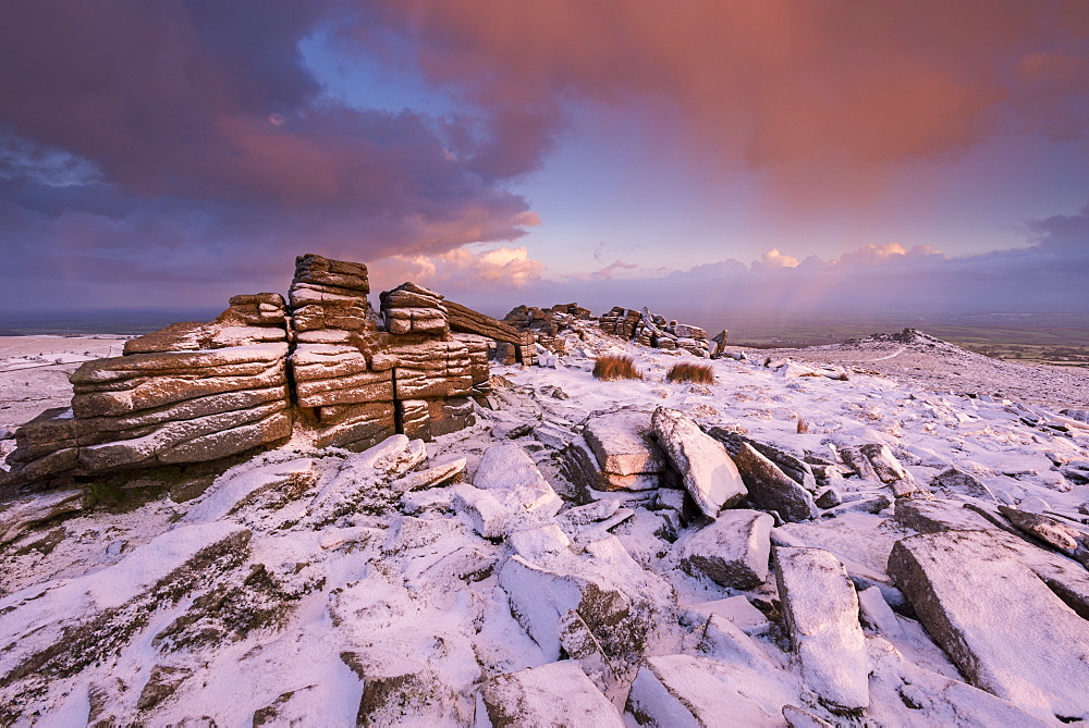 Snow dusted Belstone Tor at dawn, Dartmoor National Park, Devon, England, United Kingdom, Europe