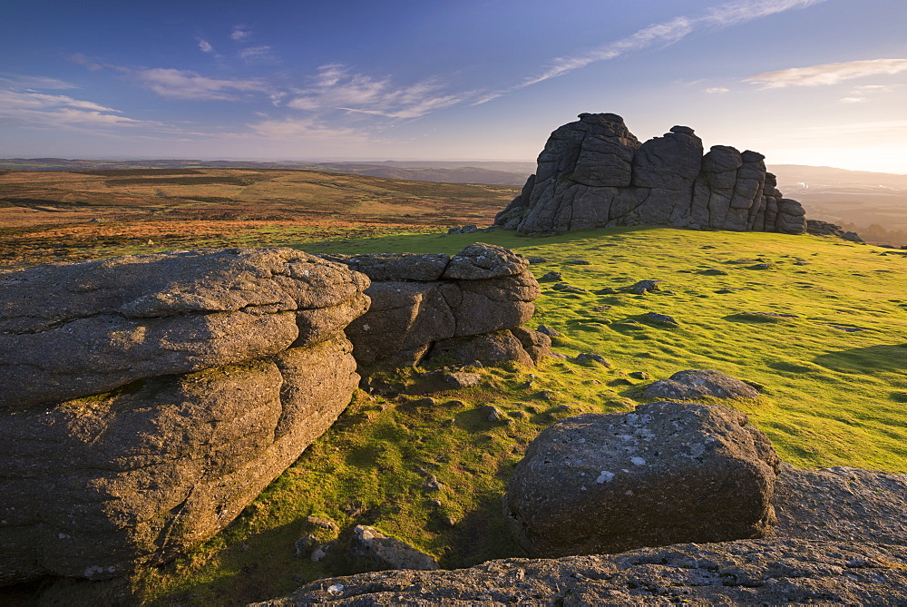 Early morning sunlight at Haytor Rocks, Dartmoor National Park, Devon, England, United Kingdom, Europe