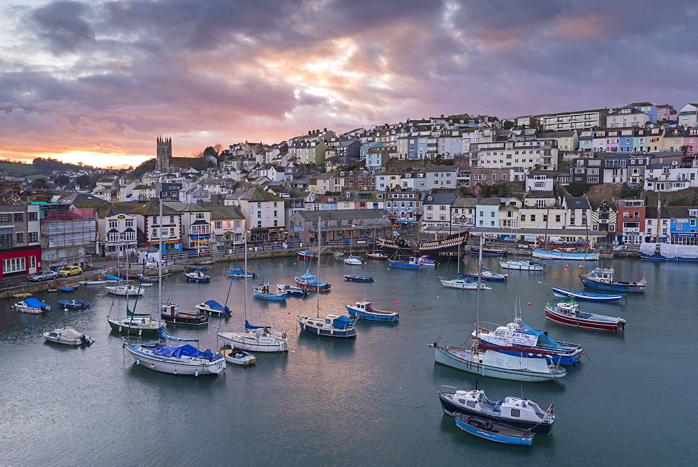 Brixham harbour at sunset, Devon, England, United Kingdom, Europe