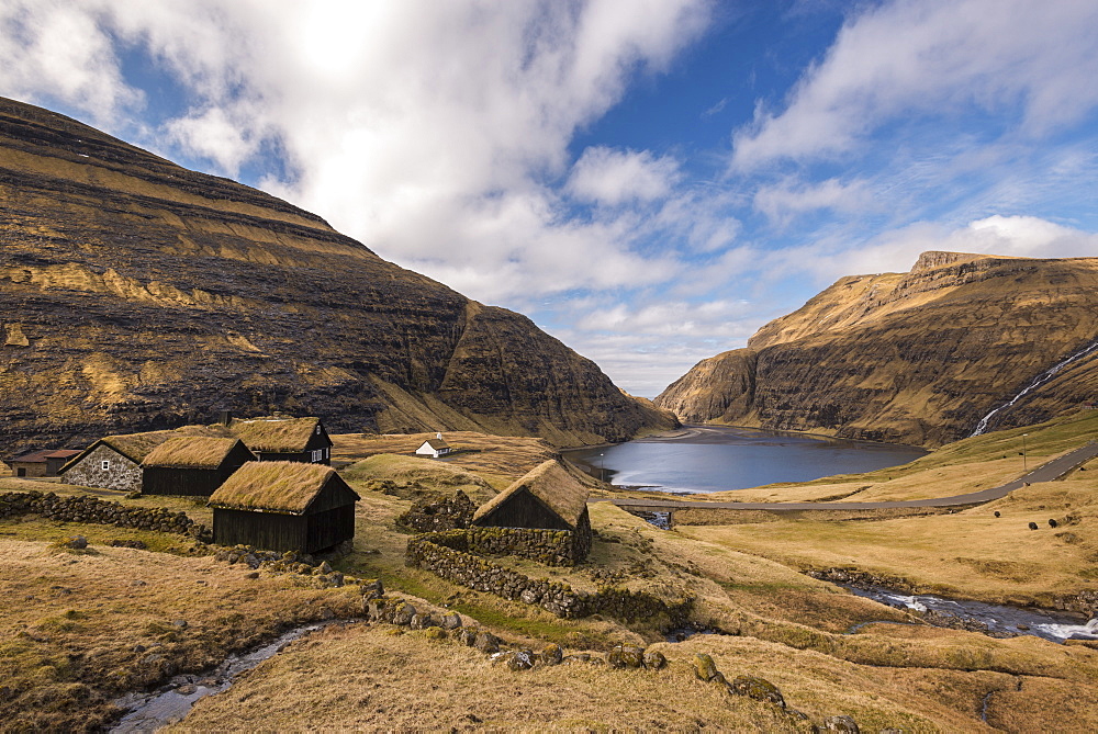 Grass roofed buildings in the beautiful Saksun village on the island of Streymoy, Faroe Islands, Denmark, Europe