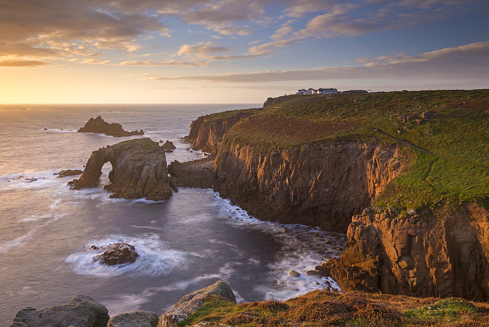 Sunset over Lands End on the western tip of Cornwall, England, United Kingdom, Europe