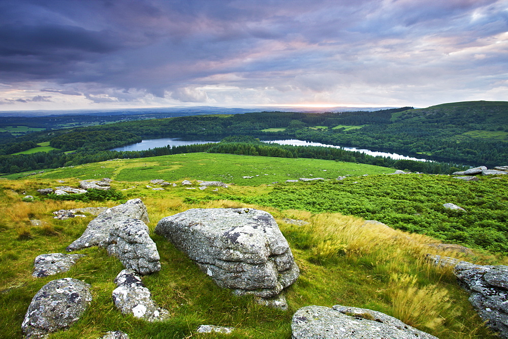 Looking down towards Burrator Reservoir from Sheepstor, Dartmoor National Park, Devon, England, United Kingdom, Europe