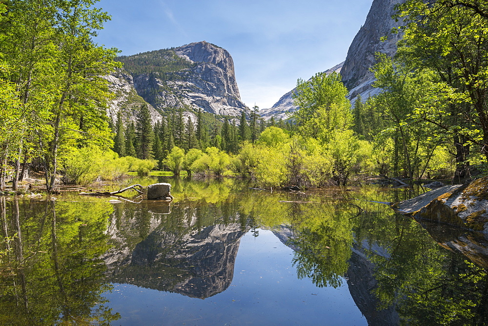 Perfect reflections at Mirror Lake, Yosemite National Park, UNESCO World Heritage Site, California, United States of America, North America