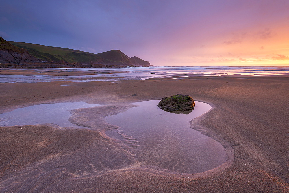 Low tide on Crackington Haven beach at sunset, Cornwall, England, United Kingdom, Europe