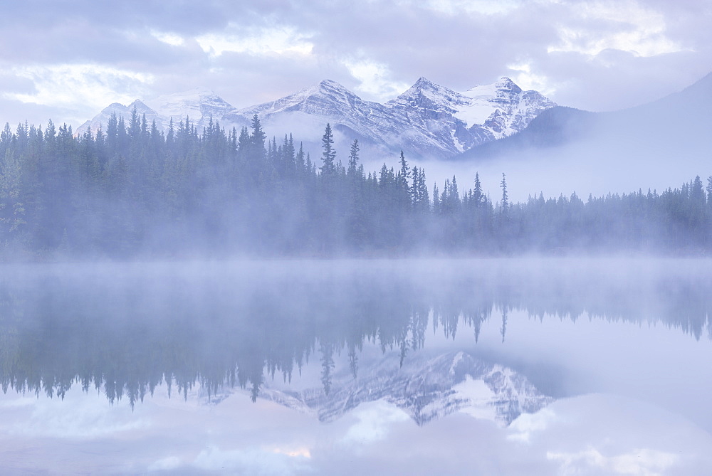 Snow capped mountains reflect in a misty Herbert Lake, Banff National Park, UNESCO World Heritage Site, Canadian Rockies, Alberta, Canada, North America