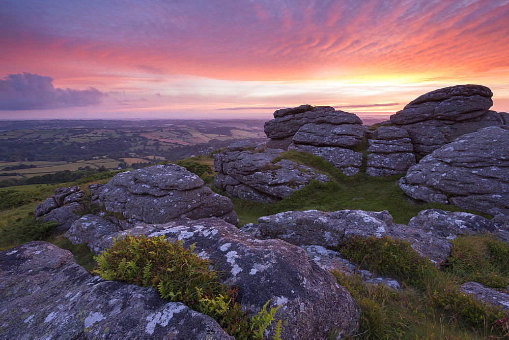 Pink dawn sky above Meldon Hill, Dartmoor National Park, Devon, England, United Kingdom, Europe