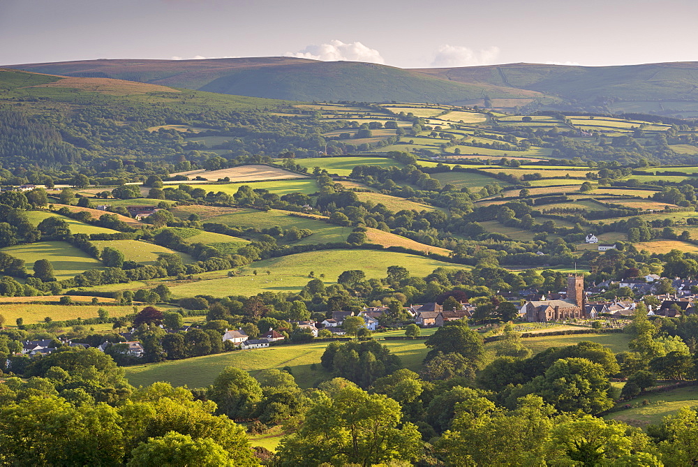 Moretonhampstead church and village surrounded by beautiful rolling countryside, Dartmoor, Devon, England, United Kingdom, Europe