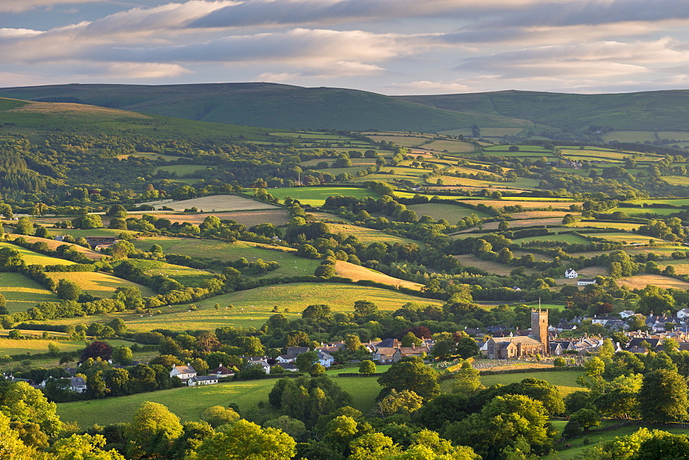 Moretonhampstead church surrounded by rolling Dartmoor countryside, Devon, England, United Kingdom, Europe