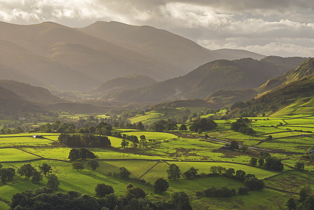 Early morning sunlight illuminates the rolling countryside near Keswick in the Lake District National Park, Cumbria, England, United Kingdom, Europe