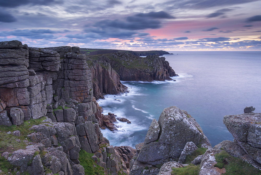 Dawn sky over Pordenack Point, Land's End, Cornwall, England, United Kingdom, Europe