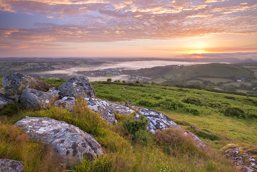 Granite outcrop on Meldon Hill at sunrise, Dartmoor, Devon, England, United Kingdom, Europe