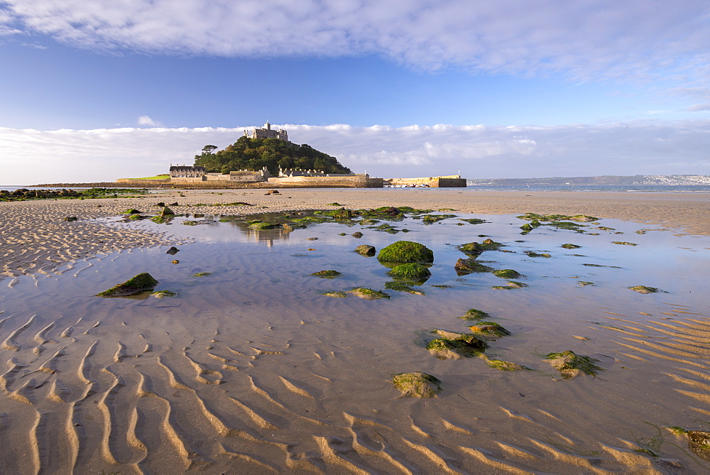 Low tide at St. Michaels Mount, Marazion, Cornwall, England, United Kingdom, Europe